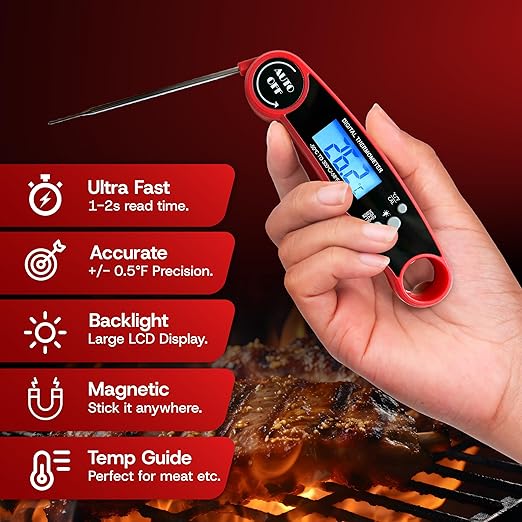 Meat Thermometer Digital Wireless with Cooking Tongs for Cooking & Grilling - Ultra-Fast Waterproof Food Thermometer with Backlight & Calibration for BBQ, Candy, Oven, Kitchen Essentials (Black/Red)