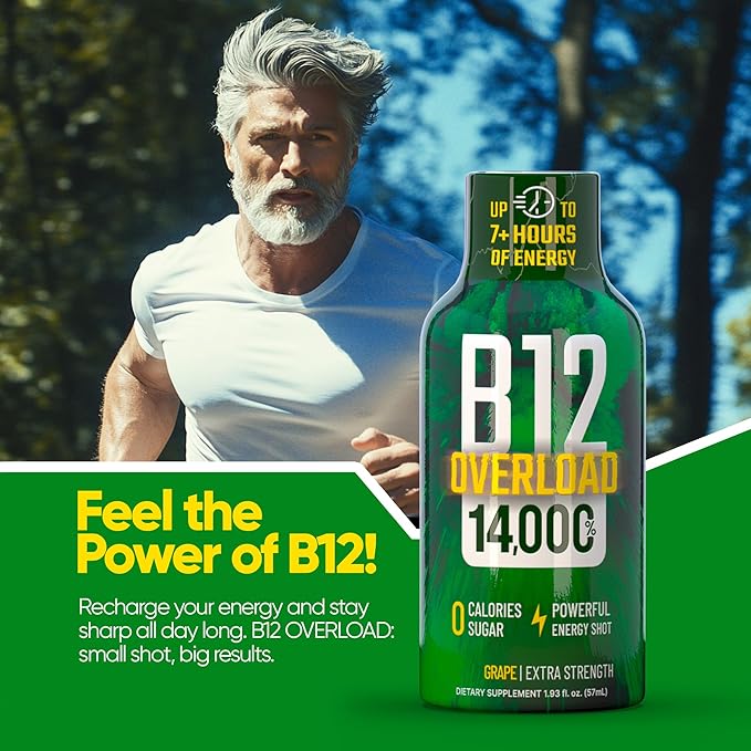 B12 Overload Extra Strength Energy Shot – Grape – 260mg Caffeine, 14000% B12, Electrolytes – Energy & Vitality Support – Zero Sugar No Calories – Vegan, Kosher, Gluten-Free – 1.93 fl oz, 12-Pack