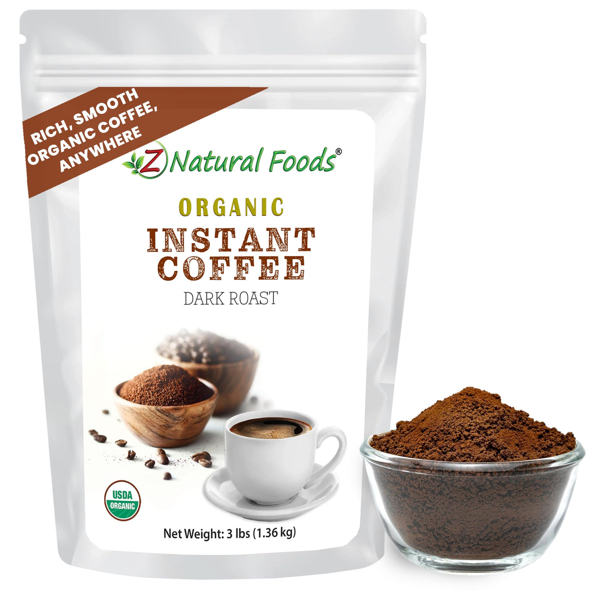 Z Natural Foods Organic Instant Coffee Powder - Dark Roast Arabica, 8 oz