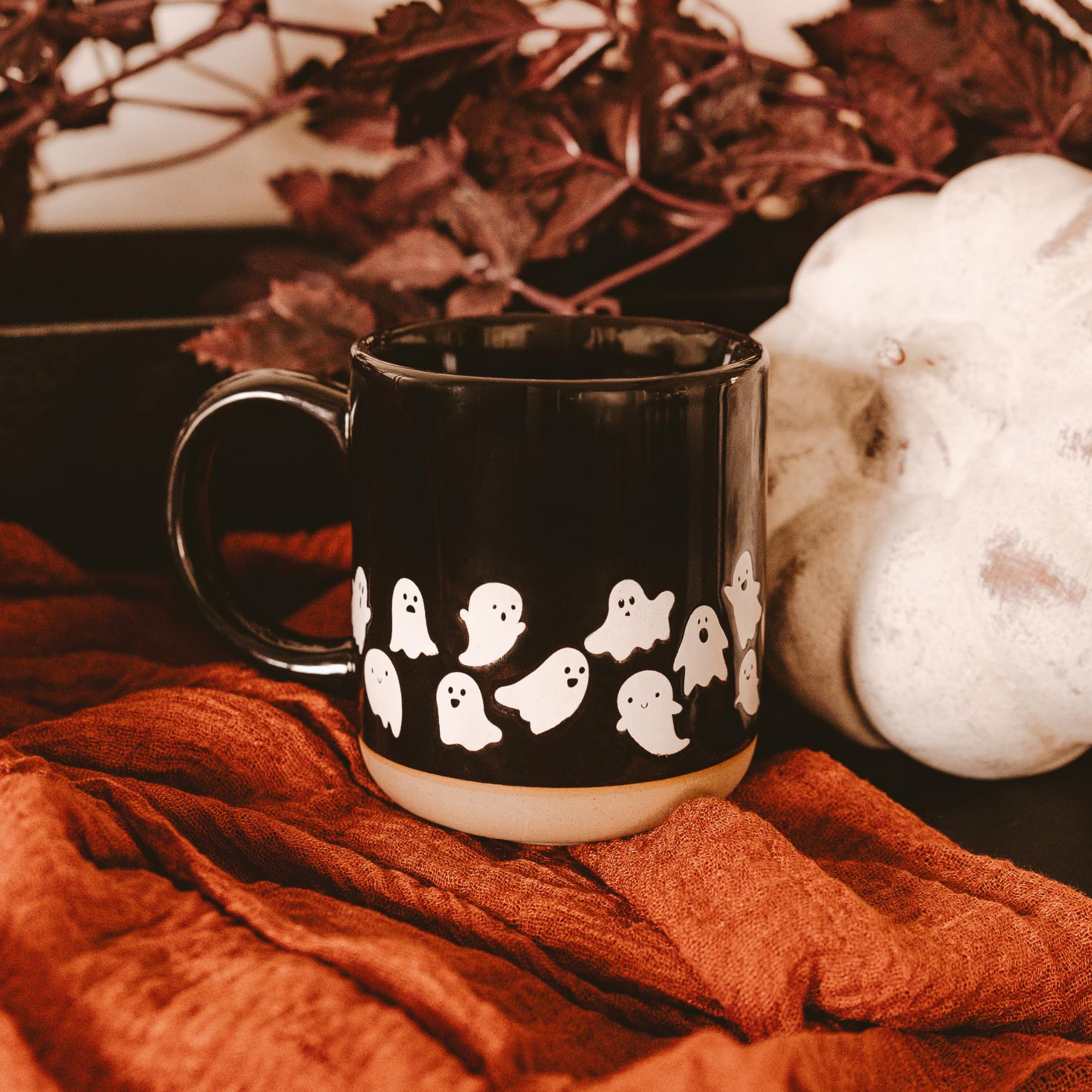 Sweet Water Decor White Ghosts Black Halloween Mugs, 14 oz - Halloween Coffee Mug Dishwasher & Microwave Safe - Fall Mug for Coffee & Hot Cocoa or Seasonal Brew - Black Stoneware Ghost Mugs