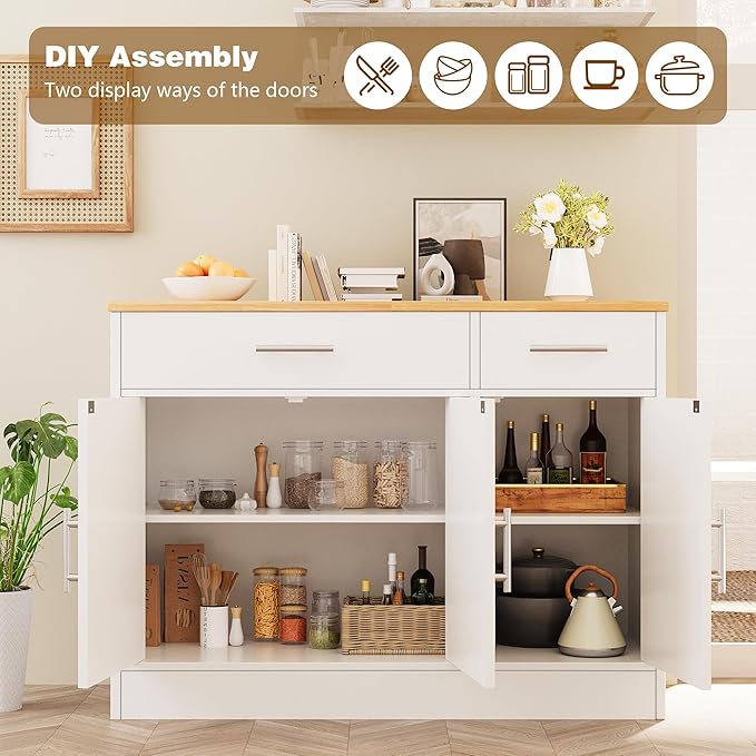 Vongrasig 43” Sideboard Buffet Cabinet with Storage, Farmhouse Coffee Bar with Drawers and Shelves, Wood Buffet Table for Kitchen, Dining Room, White