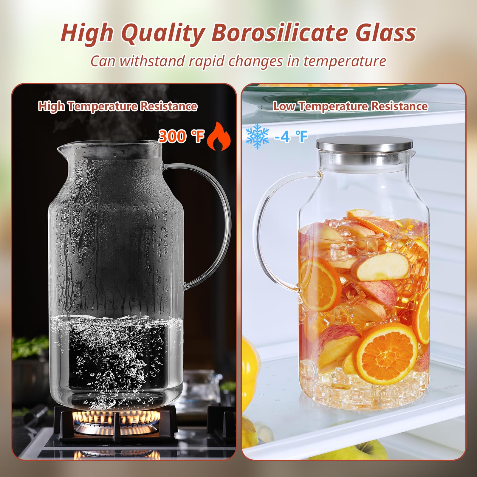 CMLKLZD 1 Gallon Glass Pitcher with Lid and Handle, Glass Water Carafe for Hot/Cold Water, Large Jug for Iced Tea, Coffee, Juice and Homemade Beverage