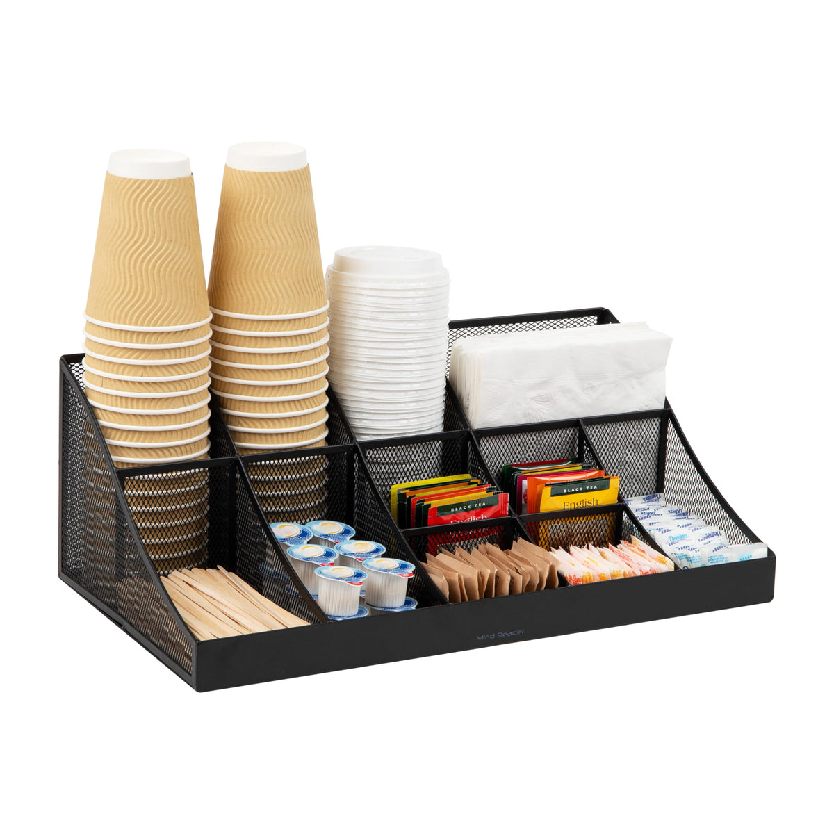 Mind Reader Cup and Condiment Station, Countertop Organizer, Coffee Bar, Kitchen, Stirrers, 17.875"L x 9.5"W x 6.625"H, Black