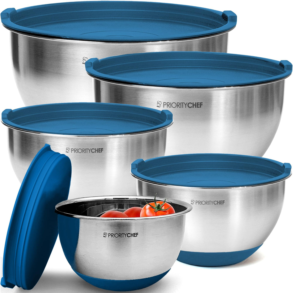 Priority Chef Premium Mixing Bowls With Airtight Lids Set, Thicker Stainless Steel Mixing Bowl Set, Large Prep Metal Bowls with Lids, Nesting Bowls for Kitchen, 1.5/2/3/4/5 Qrt, Red