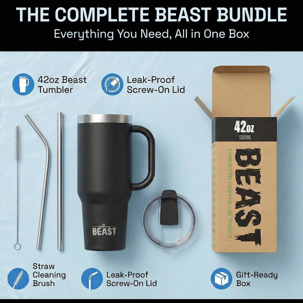Beast 42 oz Tumbler with Handle Stainless Steel Vacuum Insulated Coffee Ice Cup Double Wall Travel Flask (Matte Black)