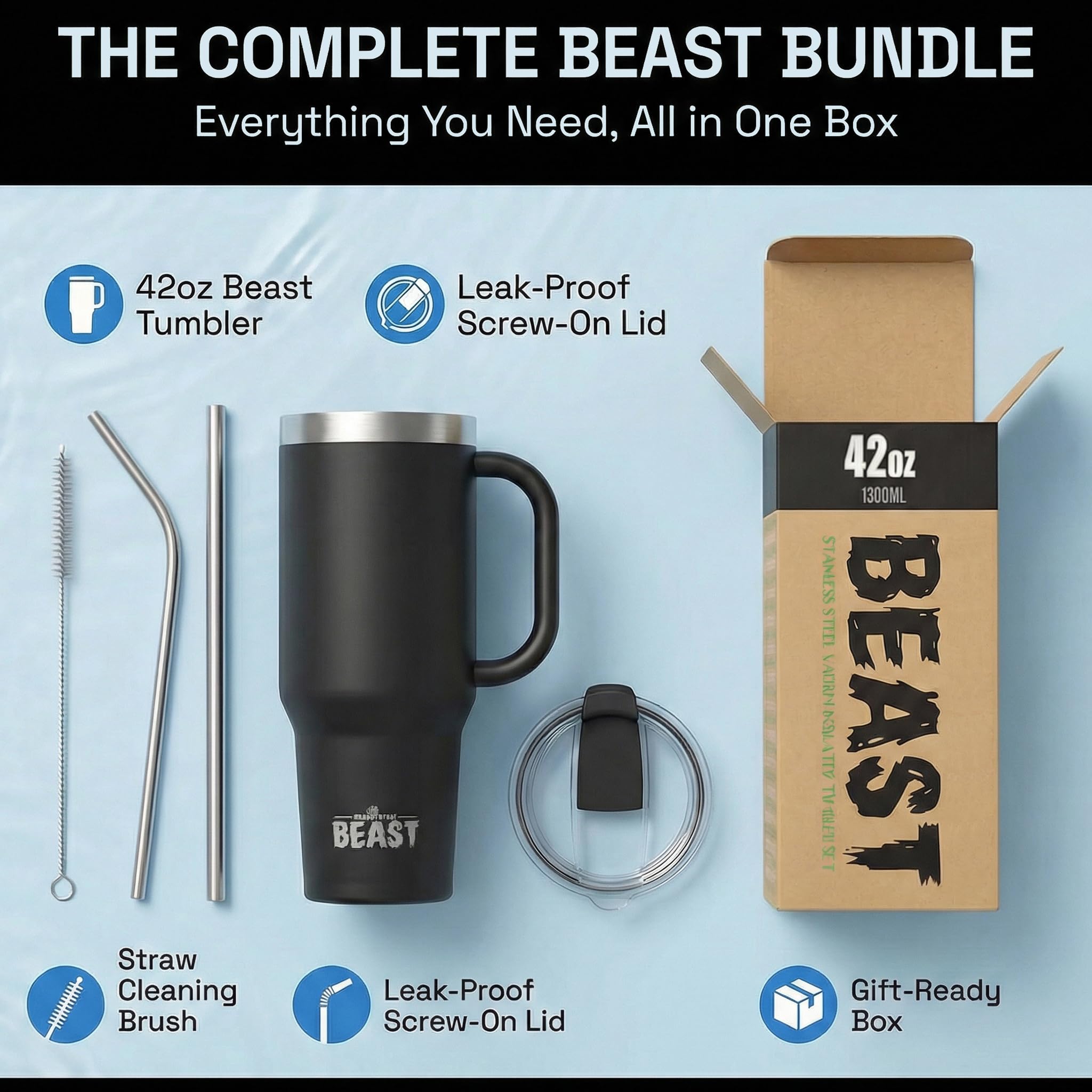 Beast 42 oz Tumbler with Handle Stainless Steel Vacuum Insulated Coffee Ice Cup Double Wall Travel Flask (Matte Black)