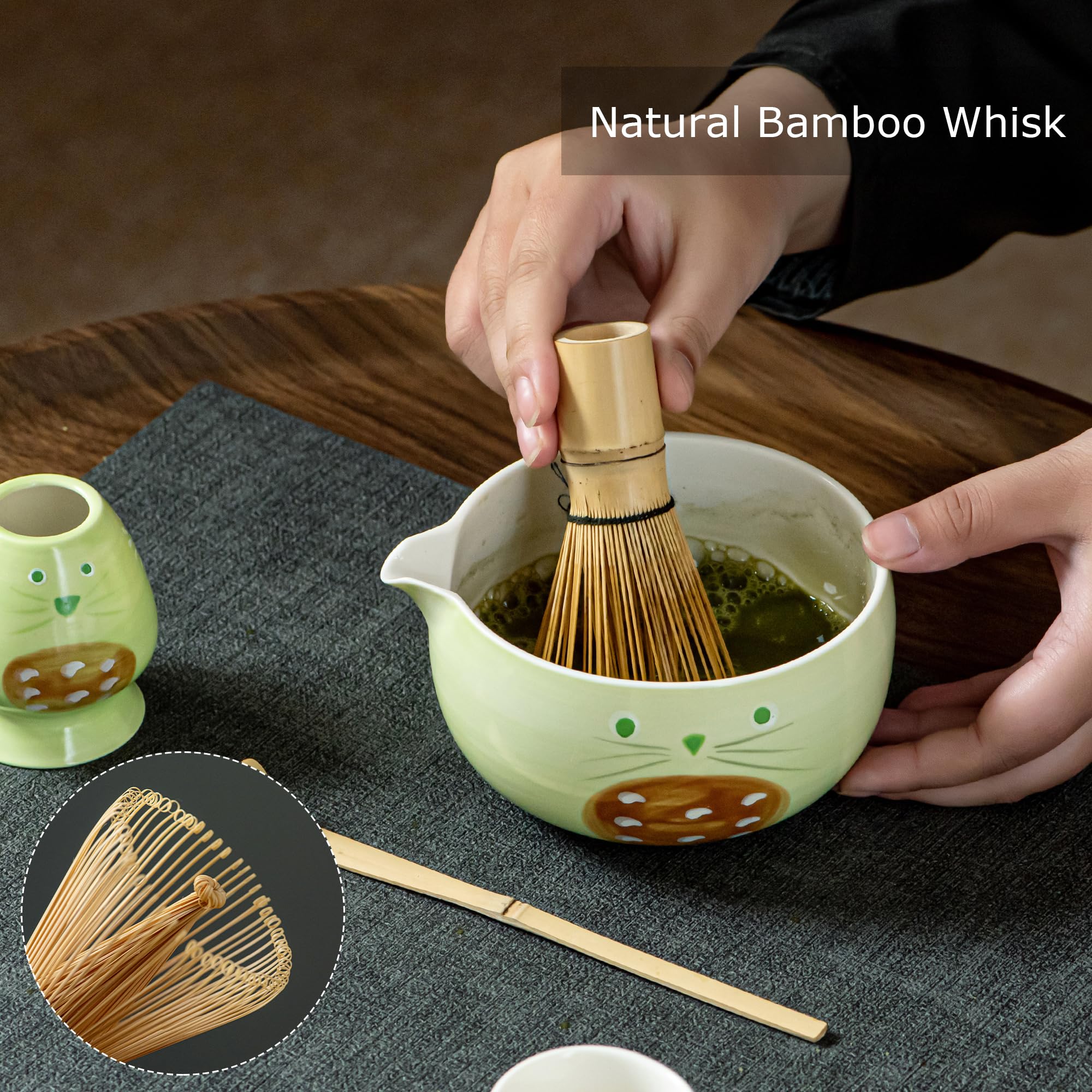 Matcha Whisk Set with Spout, Bowl & Holder, Cute Ceramic Teacups Gift - Cat