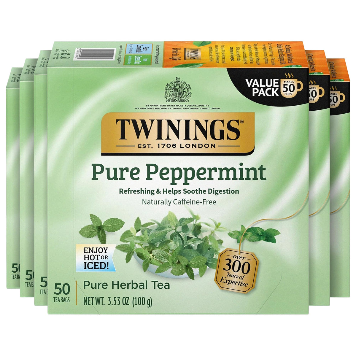 Twinings Pure Green Tea, Caffeinated, Tea Bags, 50 CT Box (6 Pack)