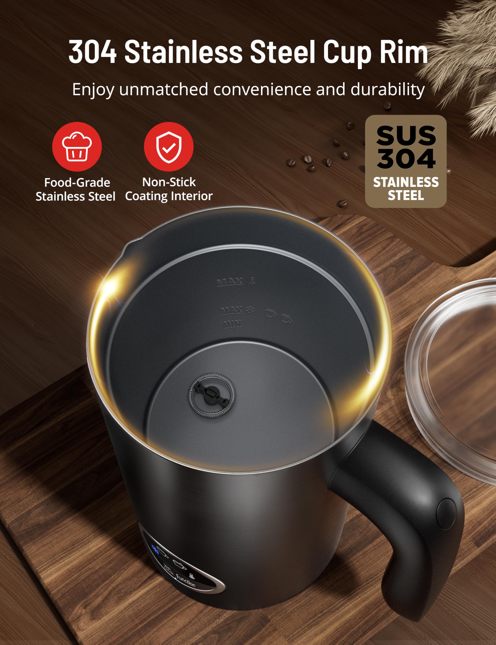 Milk Frother, Airyoyo 4-in-1 Milk Frother with Stand, Electric Milk Frother and Steamer Hot& Cold Foam Temperature Control, Auto Shut-Off Frother for Coffee Latte