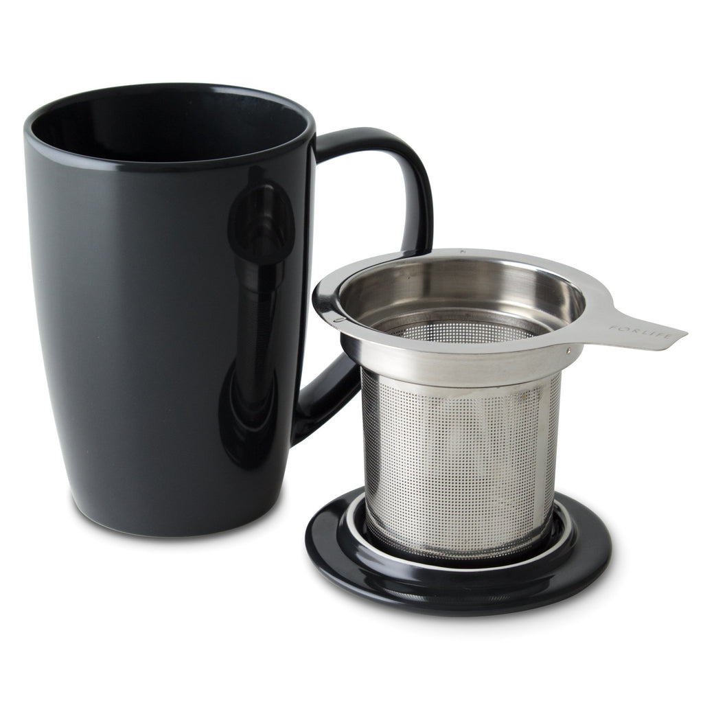 FORLIFE Curve Tall Tea Mug with Infuser and Lid 15 ounces, Black Graphite