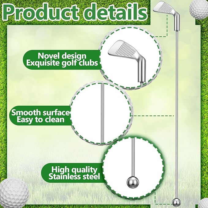 Hushee 10 Pcs Metal Golf Cocktail Stirrers Swizzle Stir Sticks 7.87 Inch Reusable Drink Stirrer Sticks Party Decorations Golf Party Clubhouse and Outing Decorations