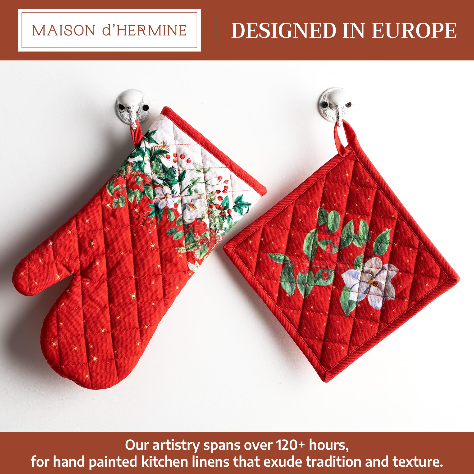Maison d' Hermine 100% Cotton Oven Mitt & Pot Holder Set (7.5"x13" & 8"x8")