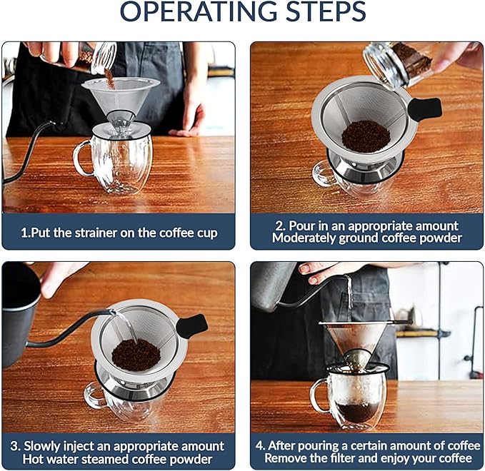 Pour Over Coffee Dripper-Stainless Steel Coffee Filter,Reusable Drip Cone Coffee Filter Portable Pour for 1-4 Cup (With Silicone Ring, L)