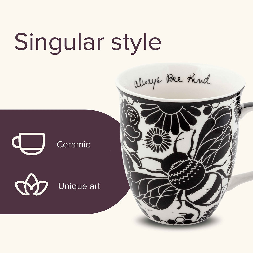 Karma Gifts 14 oz Black and White Boho Mug Bee - Cute Coffee and Tea Mug - Ceramic Coffee Mugs for Women and Men