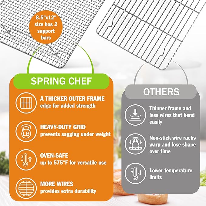 Spring Chef 8.5" x 12" Stainless Steel Cooling Racks, Wire Rack for Baking Sheet - Fits Small Quarter Sheet Pan - Perfect for Cooking, Baking, Grilling, Smoking - Dishwasher Safe - Set of 2