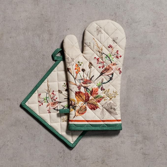 Maison d' Hermine 100% Cotton Oven Mitt & Pot Holder Set (7.5"x13" & 8"x8") Heat Resistant BBQ Cooking Gloves with Loop, Baking, Grilling, Kitchen, Handling Hot Pans (Recolte)