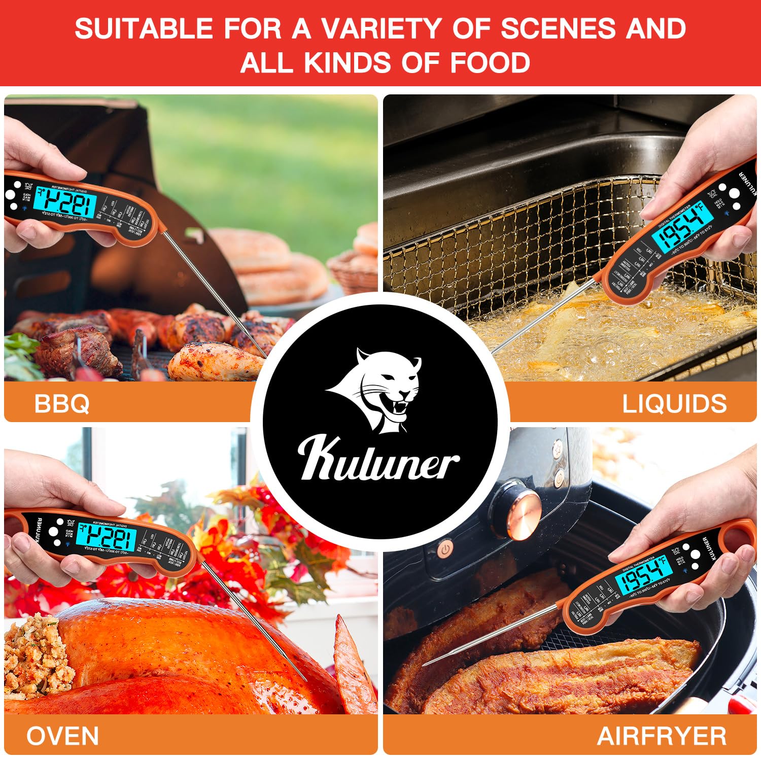 KULUNER Digital Meat Thermometer Instant Read, Orange Waterproof Food Thermometer with 4.6" Folding Probe, Backlight & Calibration, 2-3s Fast Reading for Kitchen BBQ Grilling Cooking - Orange