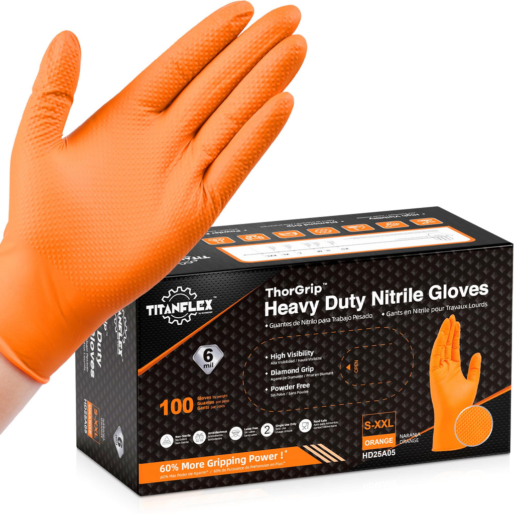 TitanFlex Heavy Duty Orange Nitrile Gloves, 6 Mil, Raised Diamond Texture, Mechanic Disposable Gloves, Latex Free Powder Free
