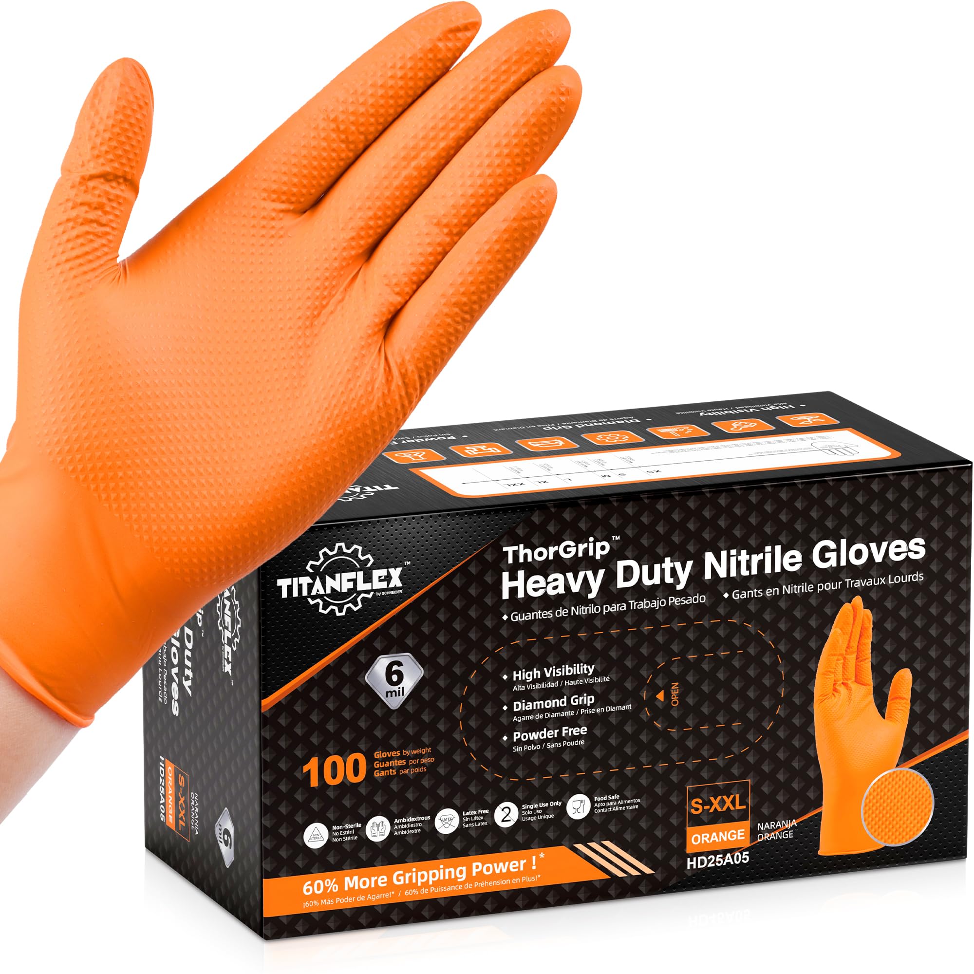 TitanFlex Heavy Duty Orange Nitrile Gloves, 6 Mil, Raised Diamond Texture, Mechanic Disposable Gloves, Latex Free Powder Free