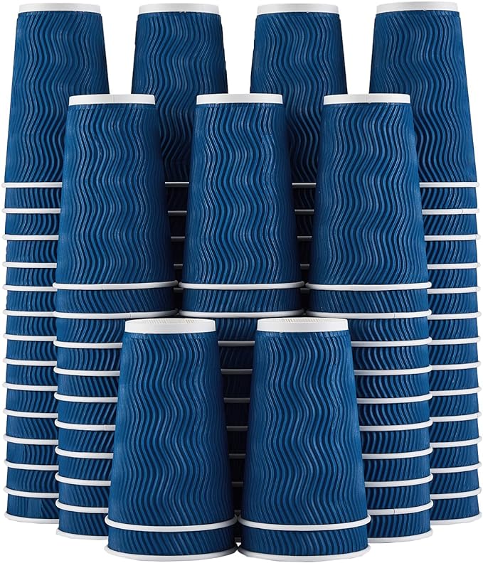 Lamosi 16 oz Coffee Cups - 90 Pack, Disposable Insulated Corrugated Paper Cups 16oz, Kraft Ripple Wall Cups for Hot Beverage or Cold Drinks (Navy)
