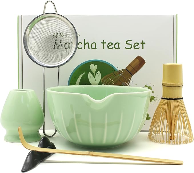 7 Pieces Matcha Whisk Set - Ceramic Matcha Kit with Bowl, Whisk, Holder, Bamboo Scoop, Rest, Sifter, and Tea Towel – Elegant Matcha Gift Set for Women