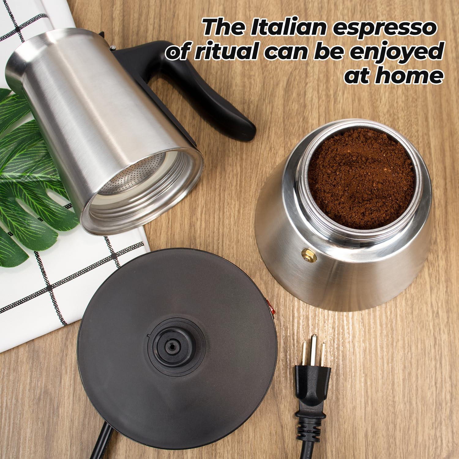 Vaolvpant Electric Stainless Steel Moka Pot 6 Cup 300ml Mocha Pot