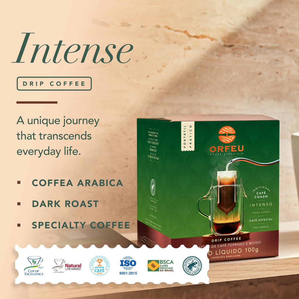 ORFEU - Specialty Coffee Intense - Drip Sachet - Arabica, Dark Roast, Notes of Toasted Caramel & Fruit Jam - Low Acidity - 10 Units (3.52 oz / 100g)