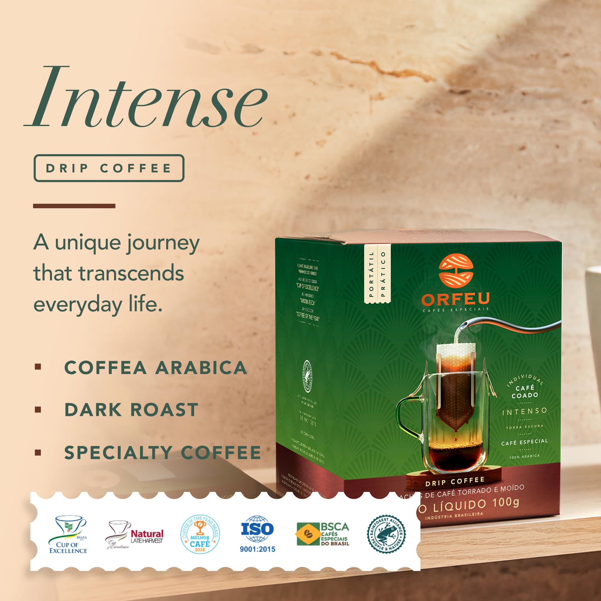 ORFEU - Specialty Coffee Intense - Drip Sachet - Arabica, Dark Roast, Notes of Toasted Caramel & Fruit Jam - Low Acidity - 10 Units (3.52 oz / 100g)