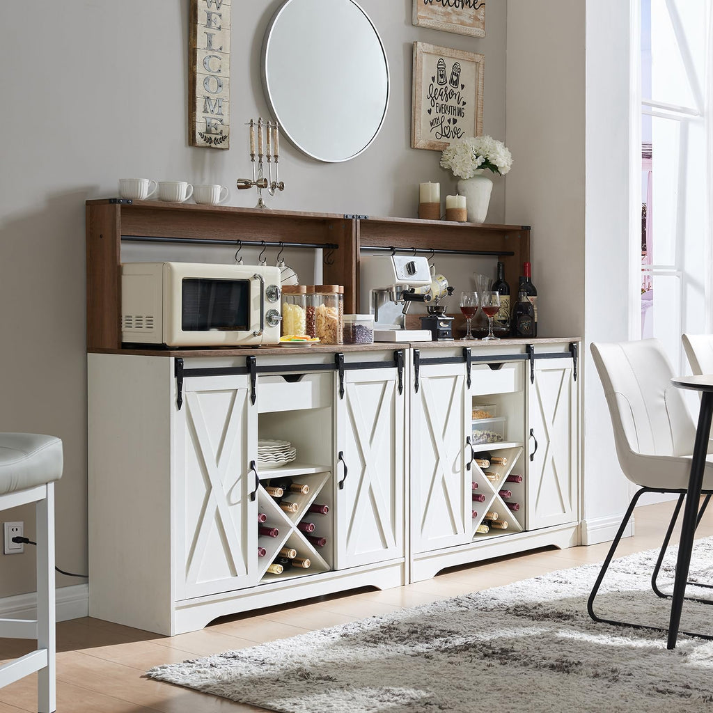 Wnutrees Farmhouse Coffee Bar Cabinet with Charging Station and USB, White