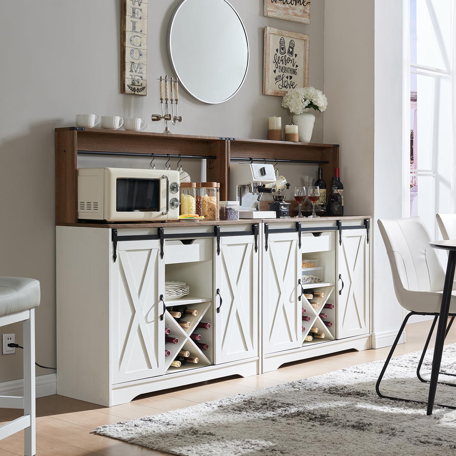 Wnutrees Farmhouse Coffee Bar Cabinet with Charging Station and USB, White