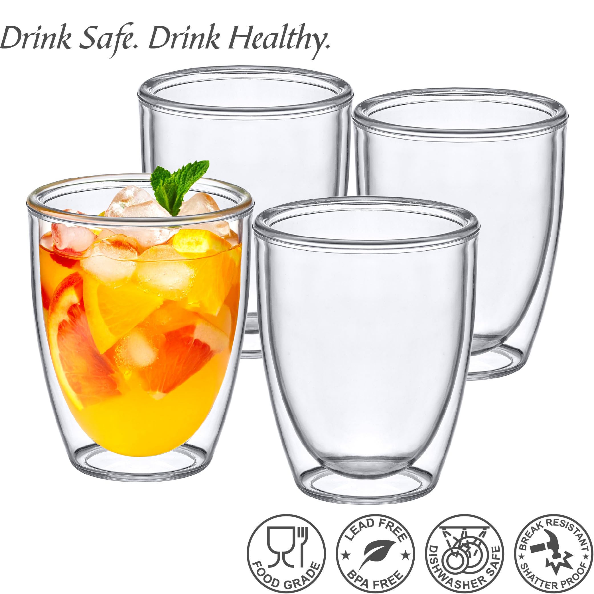 Amazing Abby - Andes - 14-Ounce Insulated Plastic Tumblers (Set of 4), Double-Wall Plastic Drinking Glasses, All-Clear Reusable Plastic Cups, BPA-Free, Shatter-Proof, Dishwasher-Safe