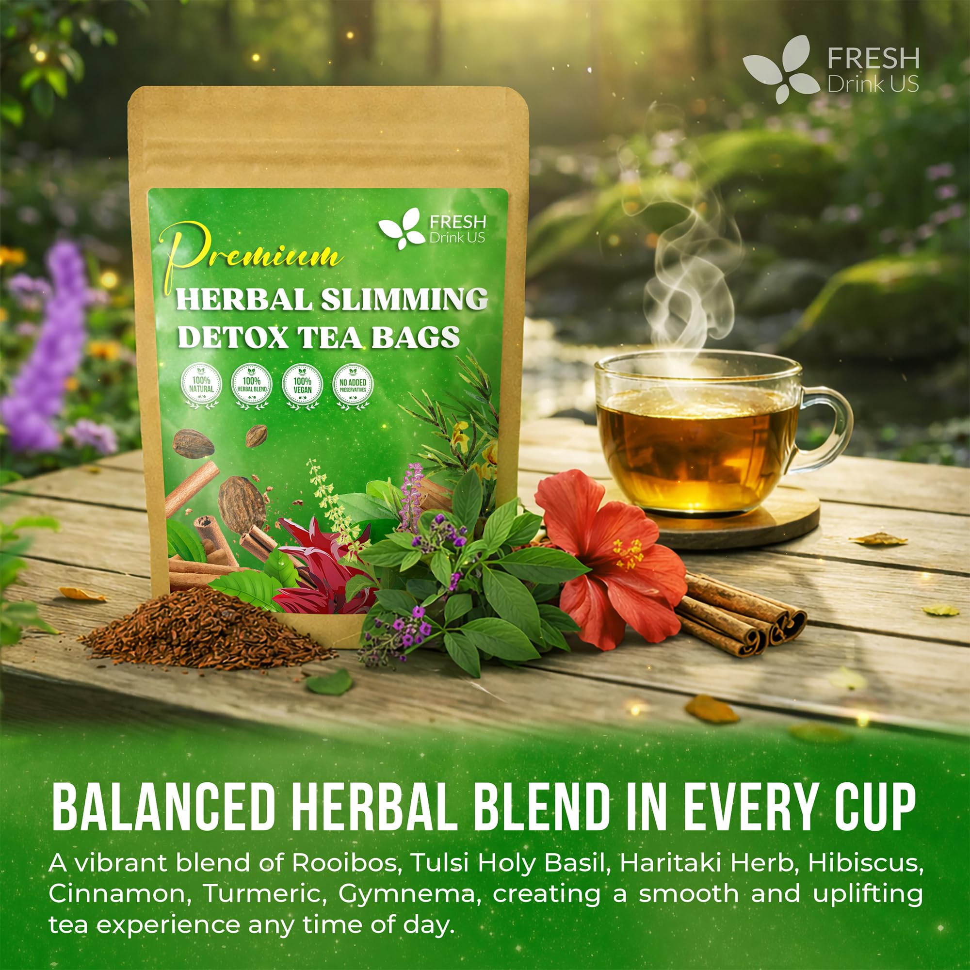 FreshDrinkUS, 30 Tea Bags Herbal Tea – Caffeine-Free Herbal Tea with Rooibos, Turmeric & Hibiscus – Loose Leaf Blend for Daily Rituals and Clean Living – Vegan, No Additives