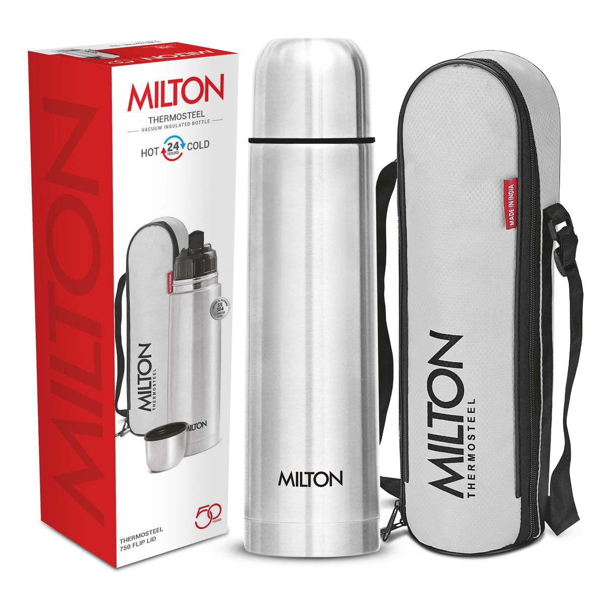 Milton Flask 25 oz Insulated Water Bottle with Cover, Flip Lid, Thermosteel