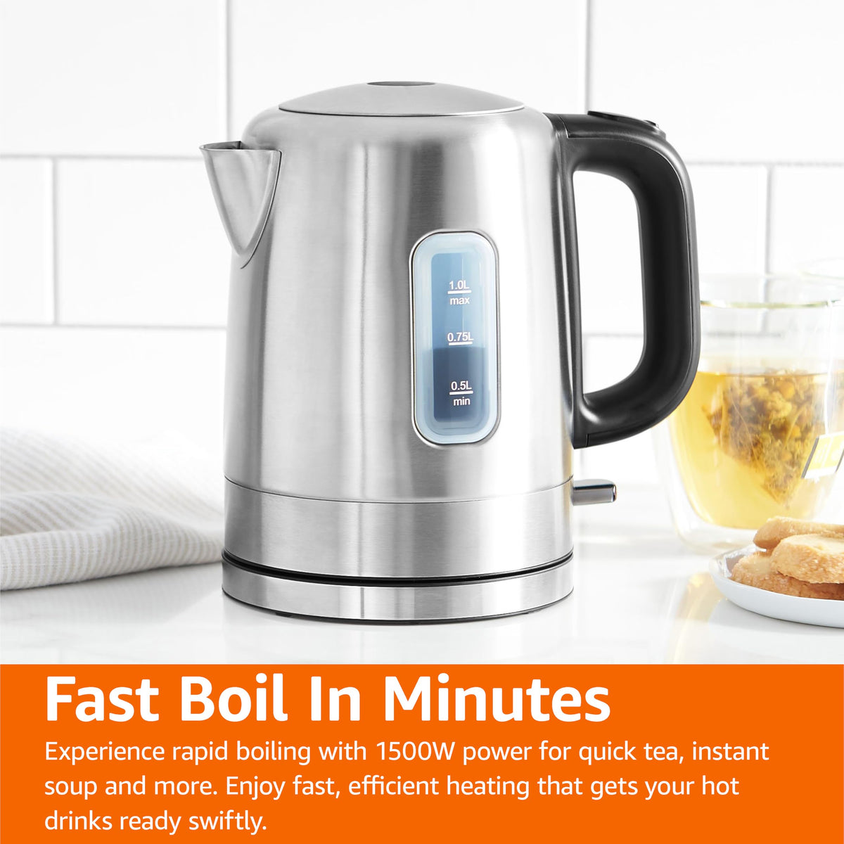 Electric Stainless Steel Kettle for Tea and Coffee, BPA-Free, Fast Boiling, Auto Shut-Off, 1 Liter, 1500W, Black and Silver