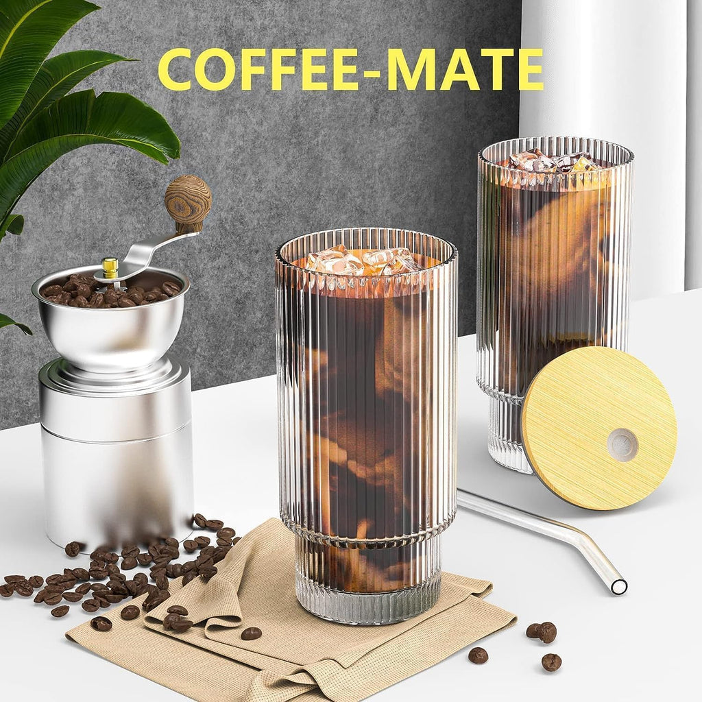CWHHRN 16 OZ Glass Cup with Lid and Straw, Vintage Ribbed Glassware for Whiskey Cocktail Beer, Iced Coffee Cups with Lid, Glass Tumbler with Straw and Lid (1 PACK)