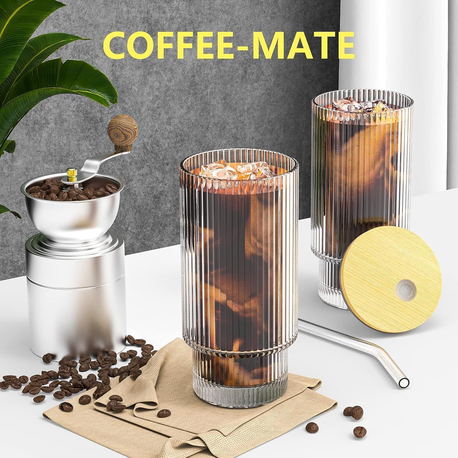 CWHHRN 16 OZ Glass Cup with Lid and Straw, Vintage Ribbed Glassware for Whiskey Cocktail Beer, Iced Coffee Cups with Lid, Glass Tumbler with Straw and Lid (1 PACK)