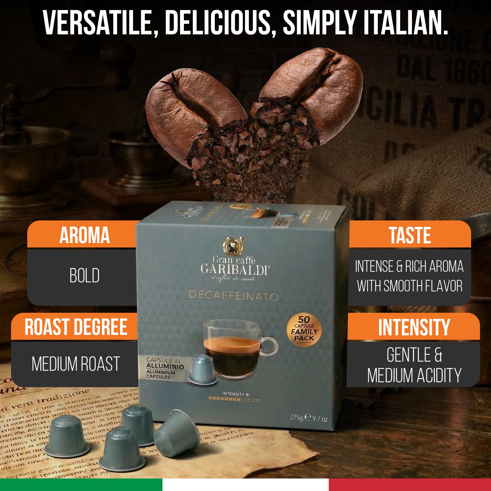 Gran Caffè Garibaldi Decaffeinated Espresso Pods, Italian Roasted 200 Count