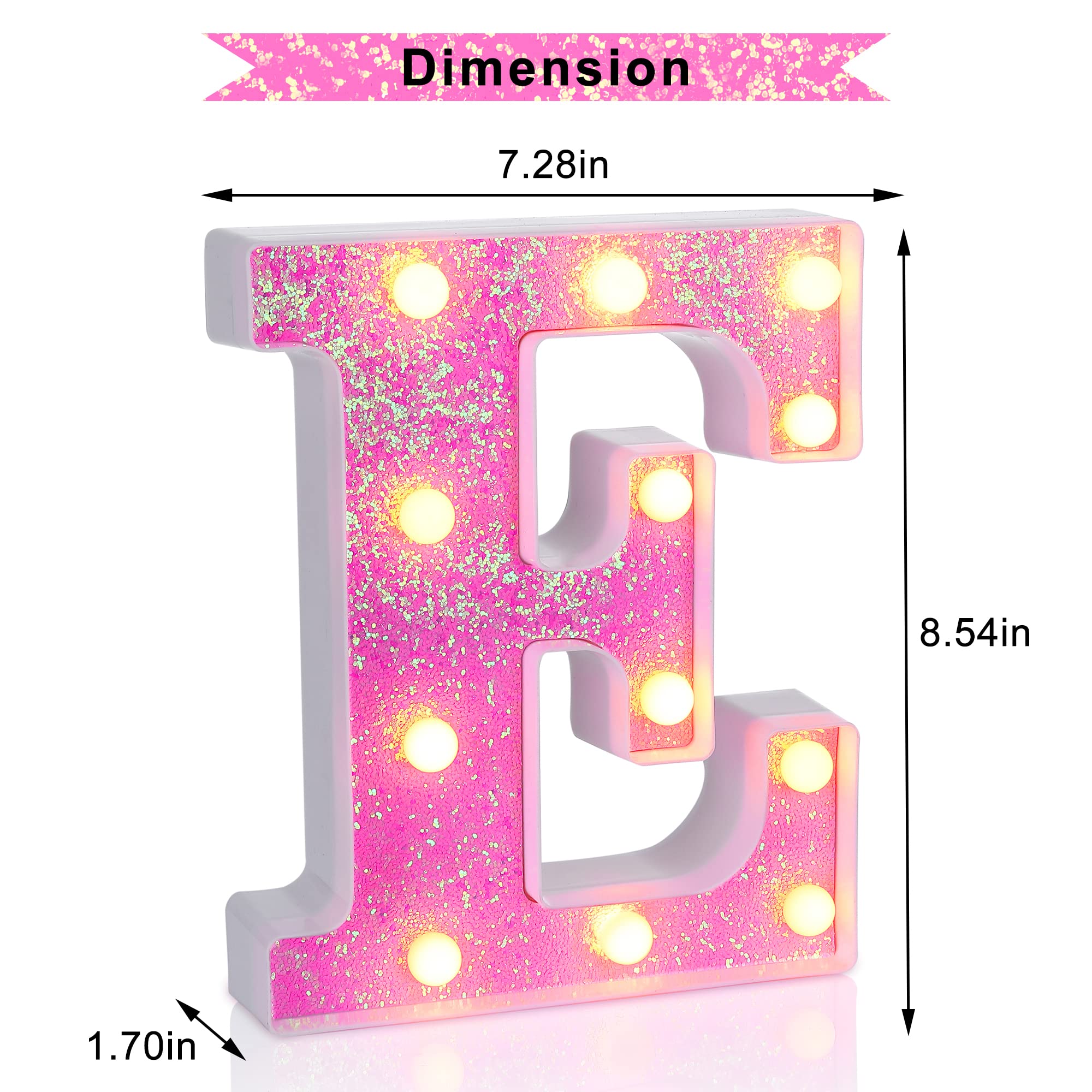 Foaky Pink Light up Letters，Pink Party Decorations,Girls Room Decor,Glitter Light Up Letters,Alphabet Letter Sign for Night Light Birthday Party Girls Gifts, Home Bar Decoration（E）