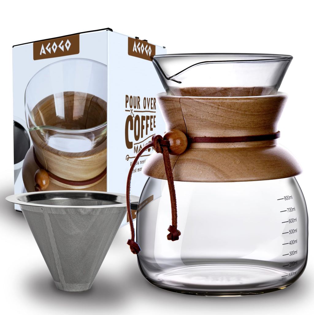 AGOGO Glass Pour Over Coffee Maker, 28oz with Stainless Filter