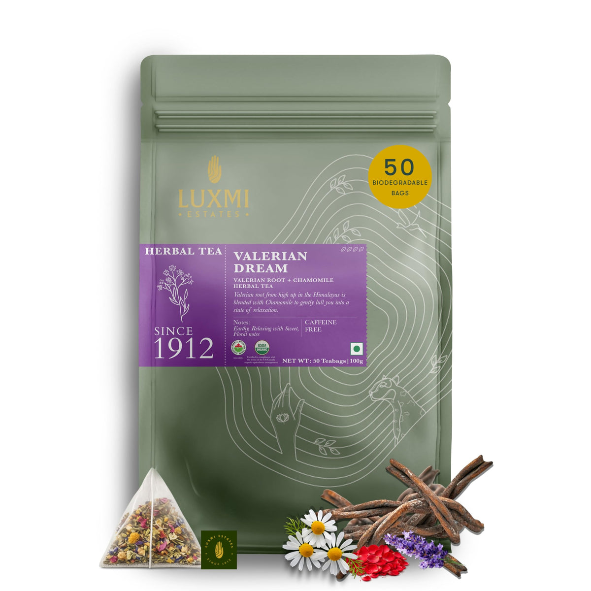 Luxmi Estates Valerian Dream Tea | 25 Pyramid Tea Bags (50g, 1.76oz) | USDA Organic Five-Herb Blend with Valerian Root, Chamomile, Lavender, Rose Petals & Peppermint | Caffeine-Free, Vegan