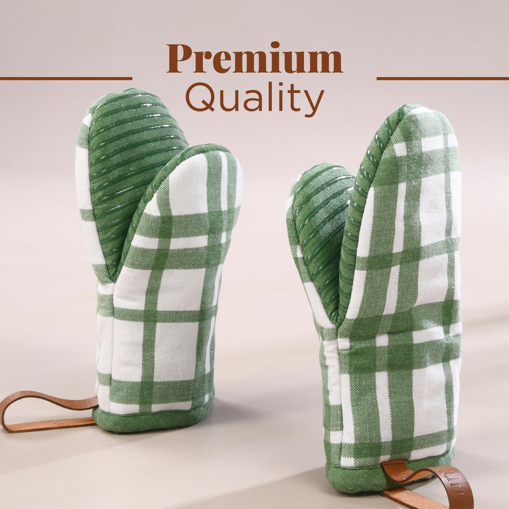 Folkulture Oven Mitts, Green Checkered, Set of 2,Heat Resistant -(5.75"x9")