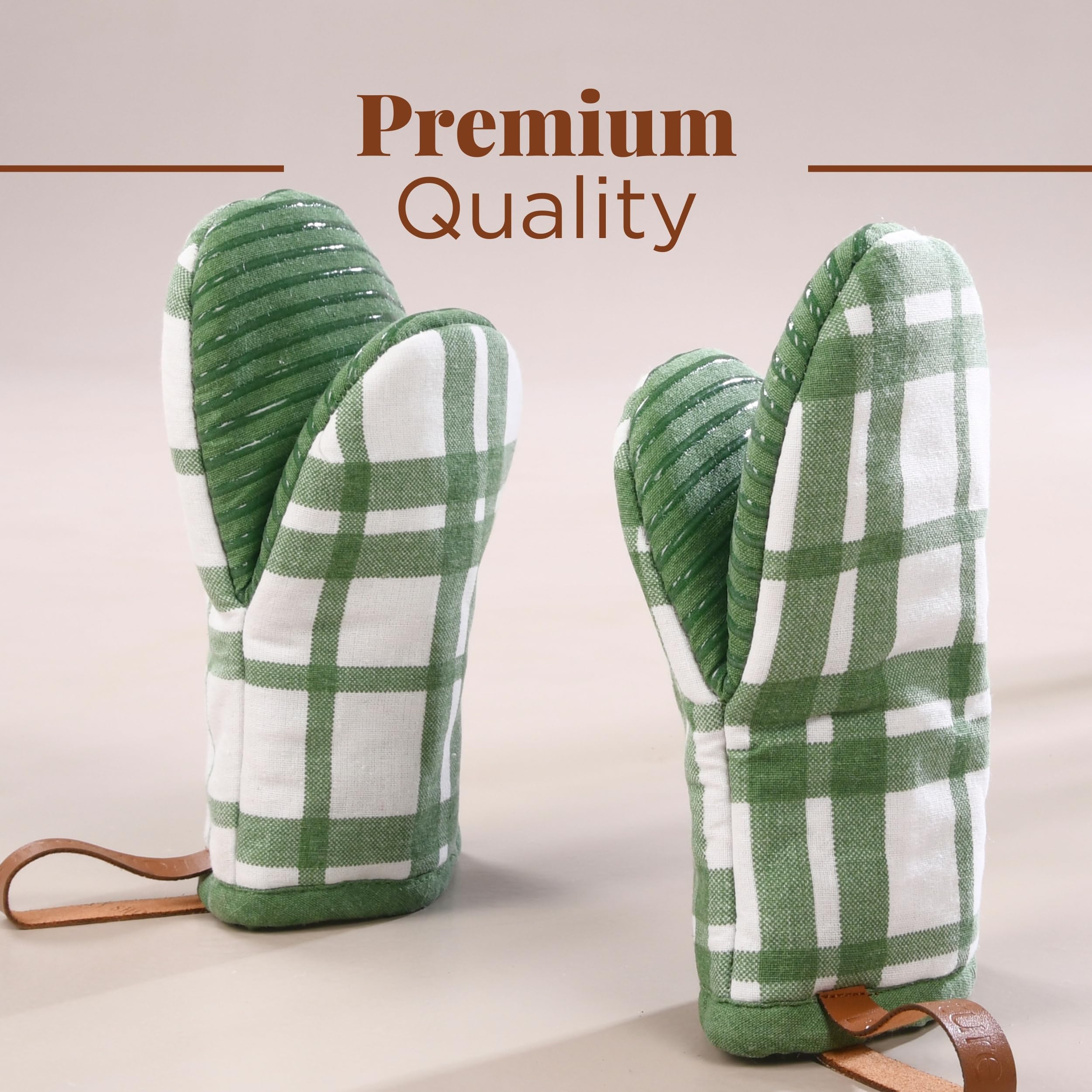 Folkulture Oven Mitts, Green Checkered, Set of 2,Heat Resistant -(5.75"x9")