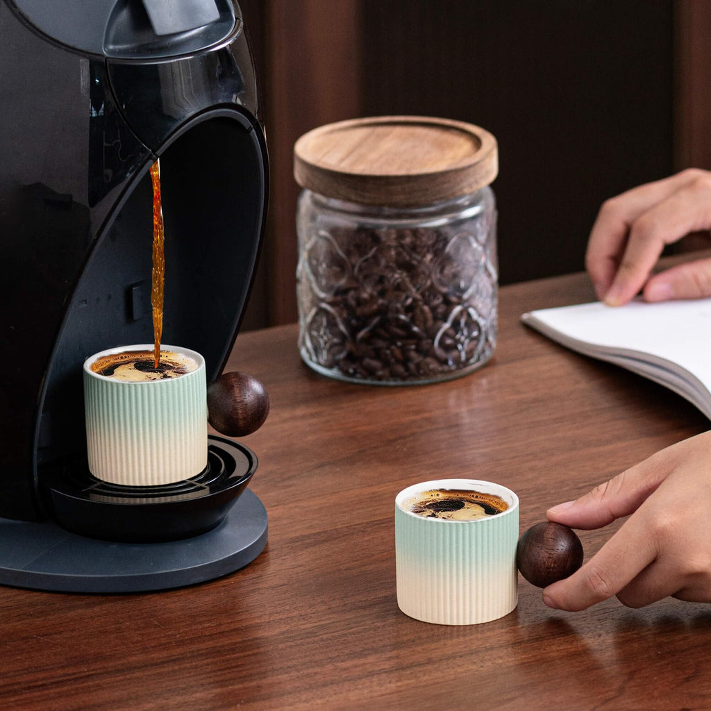 CLASGLAZ Ceramic Mini Espresso Cups Demitasse Cups with Round Wooden Handle Vertical Stripes Tea Cups (Beige&Green, 4pcs)