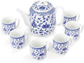 fanquare Chinese Blue and White Porcelain Teapot Set Traditional Kung Fu Tea Sets with 6 Cups for Loose Leaf Tea Adults