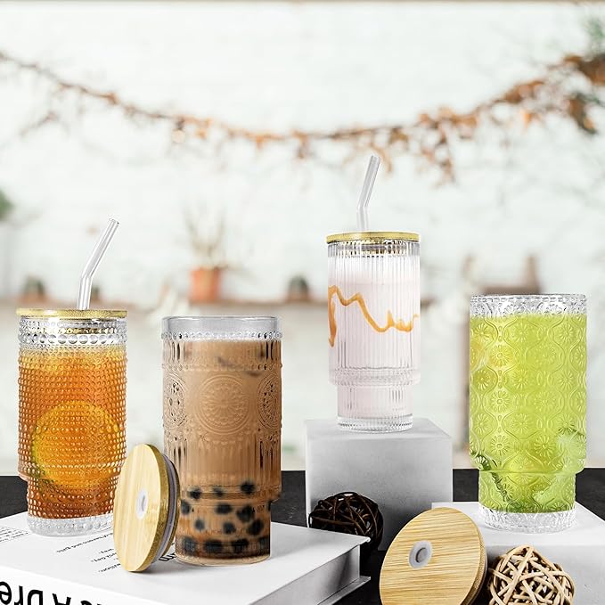 16oz Drinking Glasses Cups Set of 4 with Bamboo Lids Straws Brush Vintage Glassware Set for Mojito Iced Coffee Beer Cocktail Whiskey(Mixed)