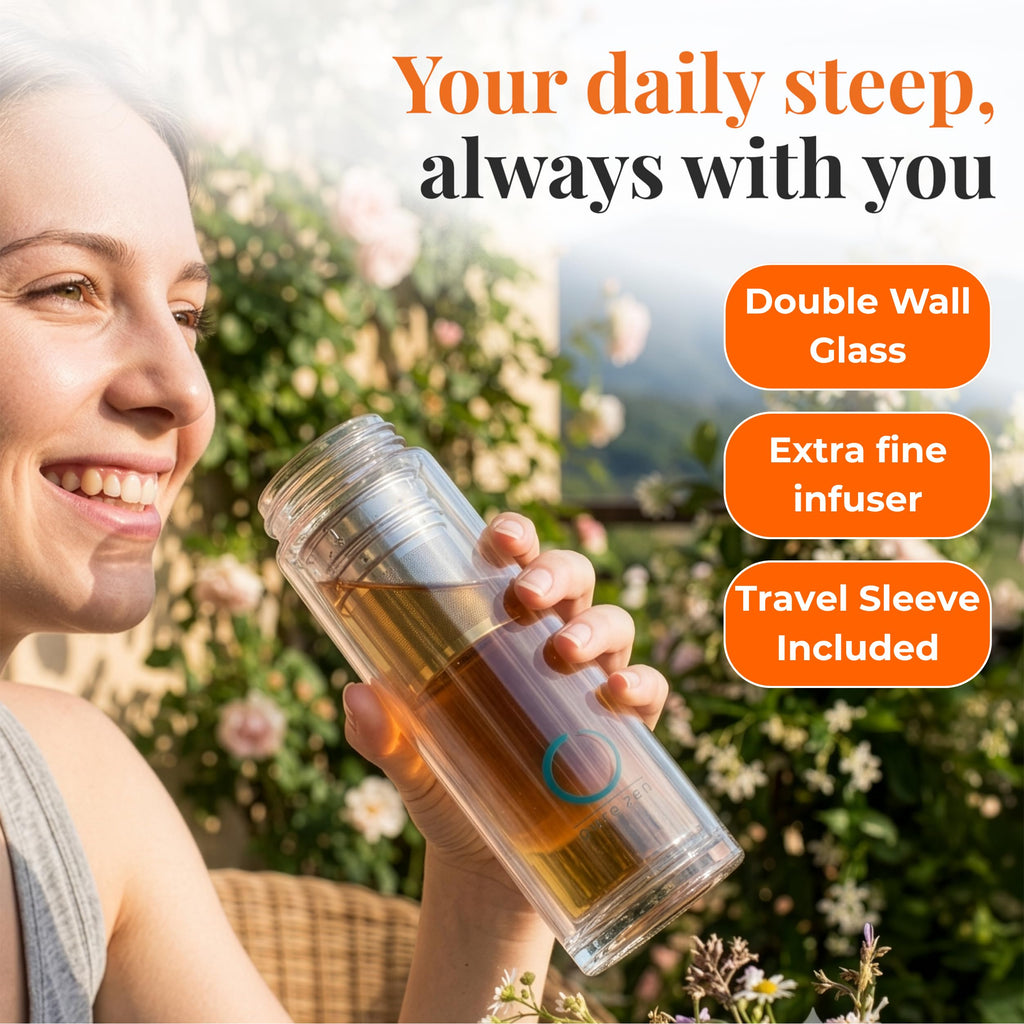 Pure Zen Tea Glass Tea Infuser Bottle, Leakproof, Tea Tumbler with Infuser