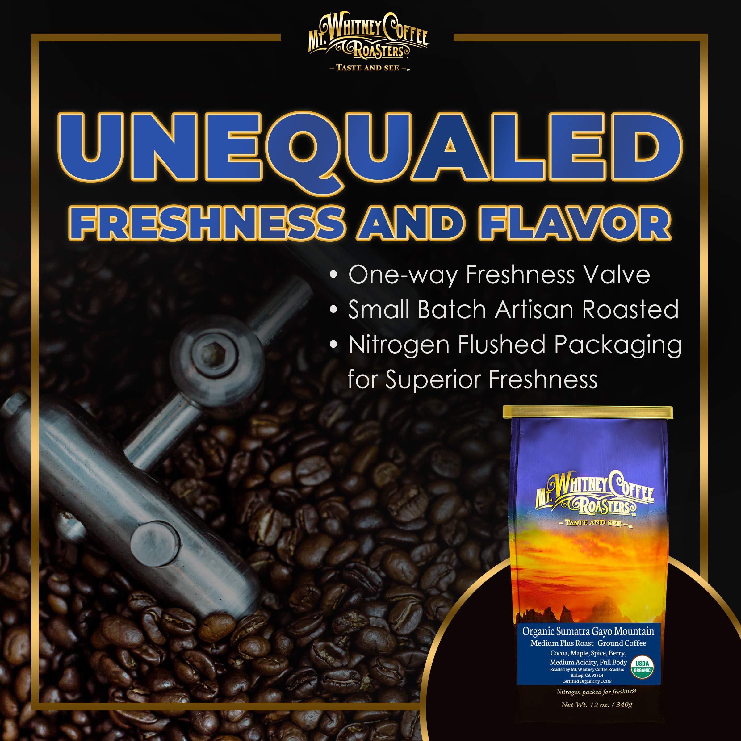 Mt. Whitney Organic Gayo Mountain Sumatra, Medium Dark Roast, Low Acid Coffee (Ground, 12 Oz)