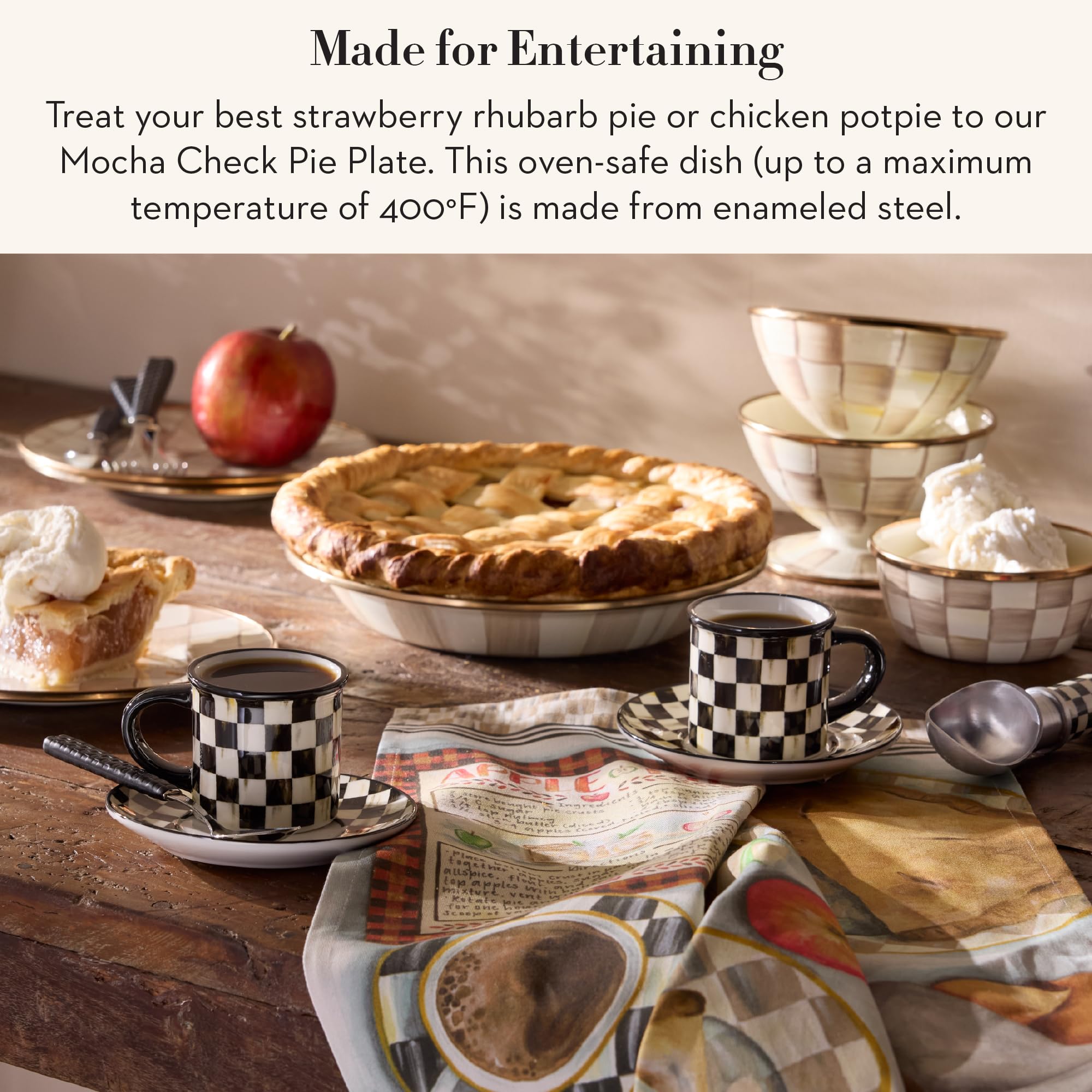MACKENZIE-CHILDS Enamel Pie Plate, Brown-and-White Mocha Check