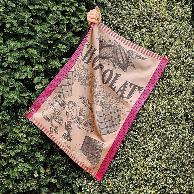 Garnier Thiebaut Tasse De Chocolat Fuchsia (Cup of Fuchsia Chocolate) French Kitchen Towel 22"x30", Cotton, Jacquard
