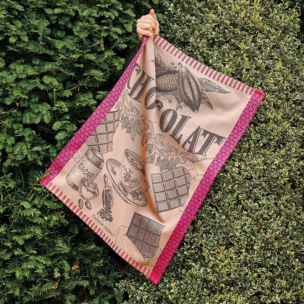 Garnier Thiebaut Tasse De Chocolat Fuchsia (Cup of Fuchsia Chocolate) French Kitchen Towel 22"x30", Cotton, Jacquard